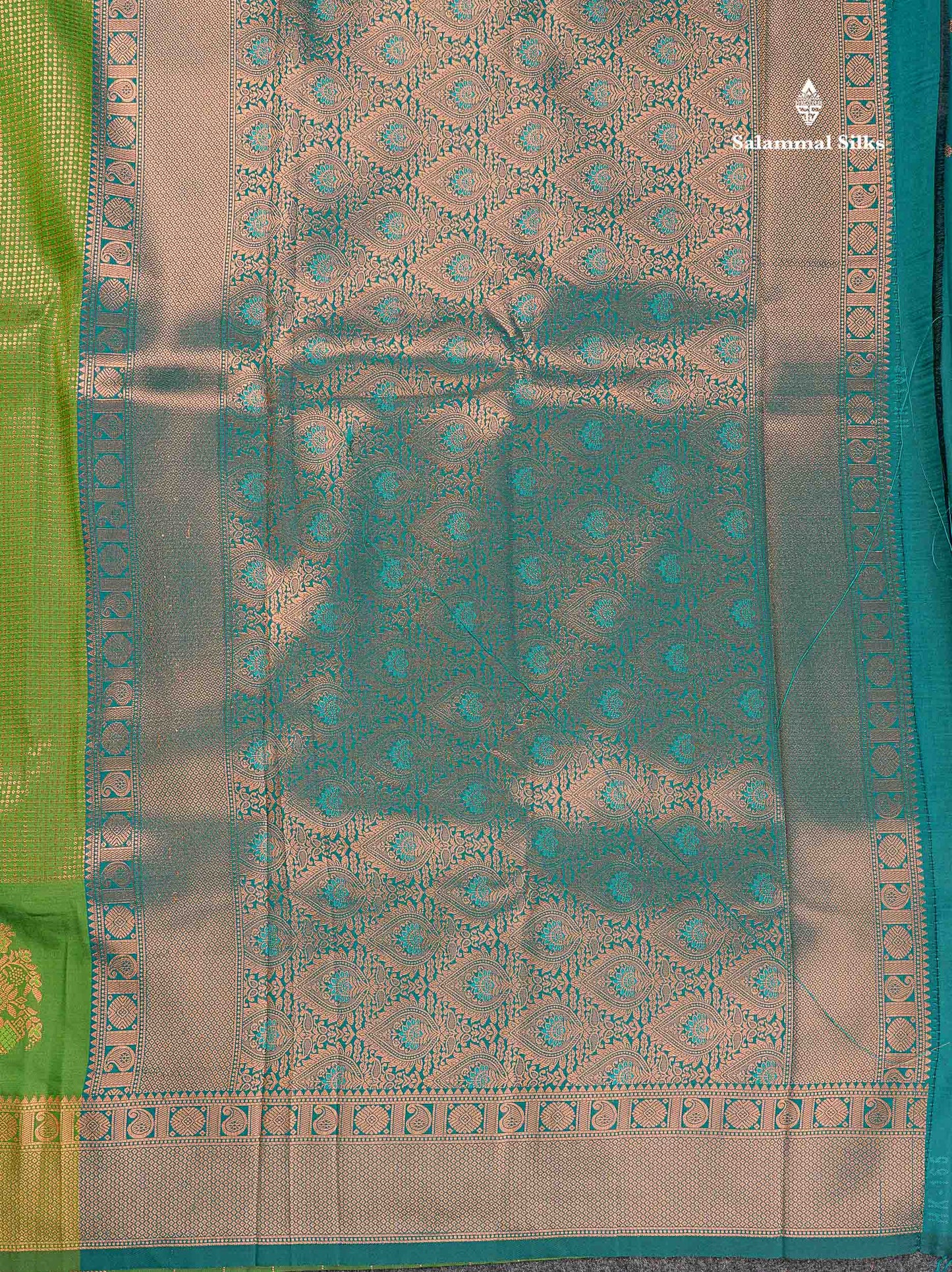 Semi Silk Saree - Parrot Green Colour Body With Contrast Teal Green Blouse