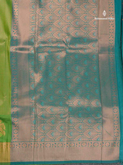 Semi Silk Saree - Parrot Green Colour Body With Contrast Teal Green Blouse