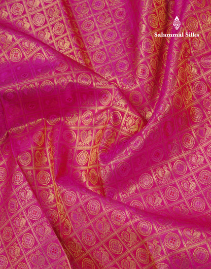 Magenta Pink Checks With Traditional Butta Pure Kanjivaram Silk Saree with Long Border