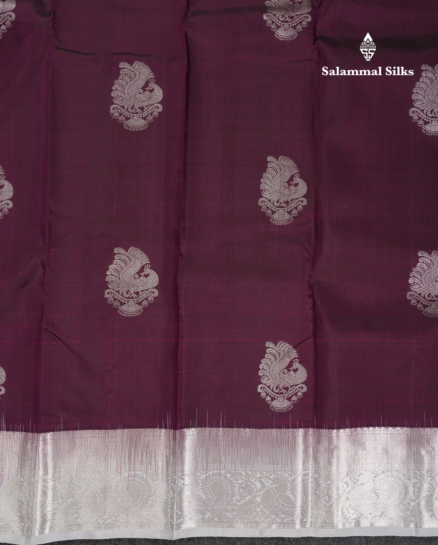 Beautiful Dark Magenta Pure Kanjivaram Silk Saree With Contrast Silver Grey Traditional Medium Border