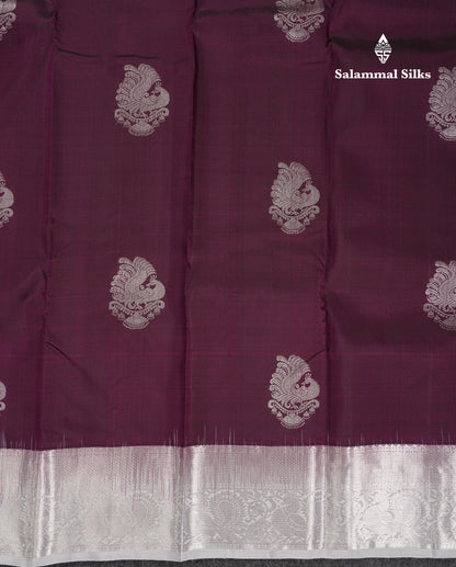 Beautiful Dark Magenta Pure Kanjivaram Silk Saree With Contrast Silver Grey Traditional Medium Border