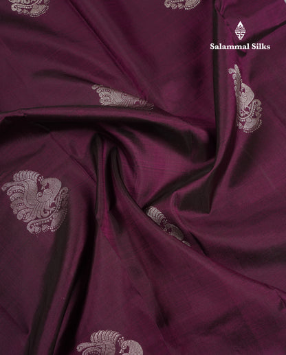 Beautiful Dark Magenta Pure Kanjivaram Silk Saree With Contrast Silver Grey Traditional Medium Border