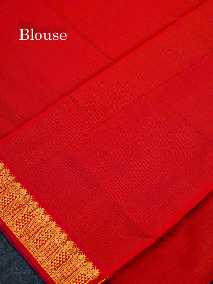 Beautiful Parrot Green Vaira Oosi Lines Semi Silk Cotton Saree With Contrast Pink Blouse