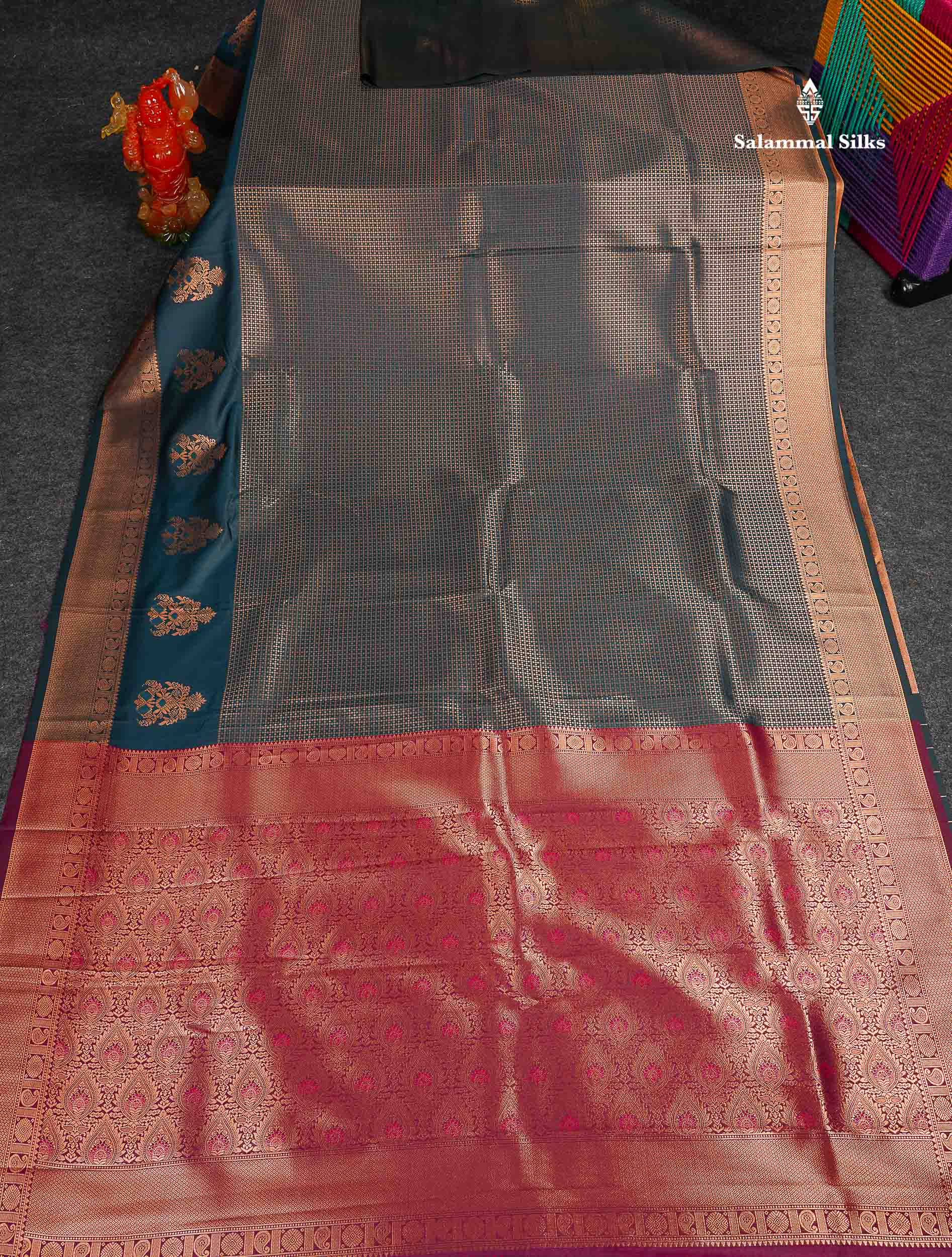 Semi Silk Saree - Peacock Blue Colour Body With Contrast Magenta Blouse