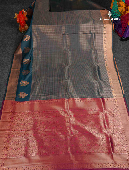 Semi Silk Saree - Peacock Blue Colour Body With Contrast Magenta Blouse