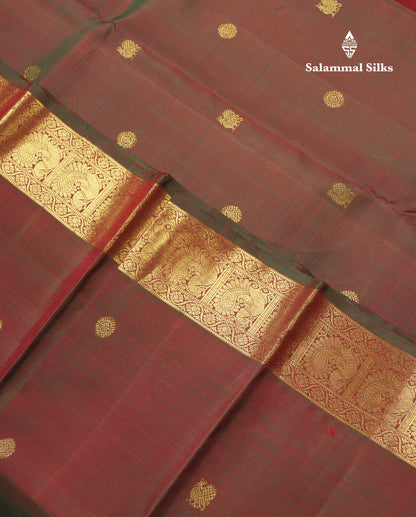 Beautiful Dual Tone Maroon Pure Kanjivaram Silk Saree With Traditional Evening Morning Border