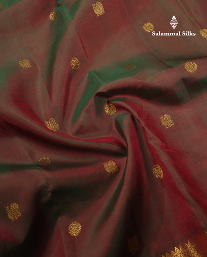 Beautiful Dual Tone Maroon Pure Kanjivaram Silk Saree With Traditional Evening Morning Border