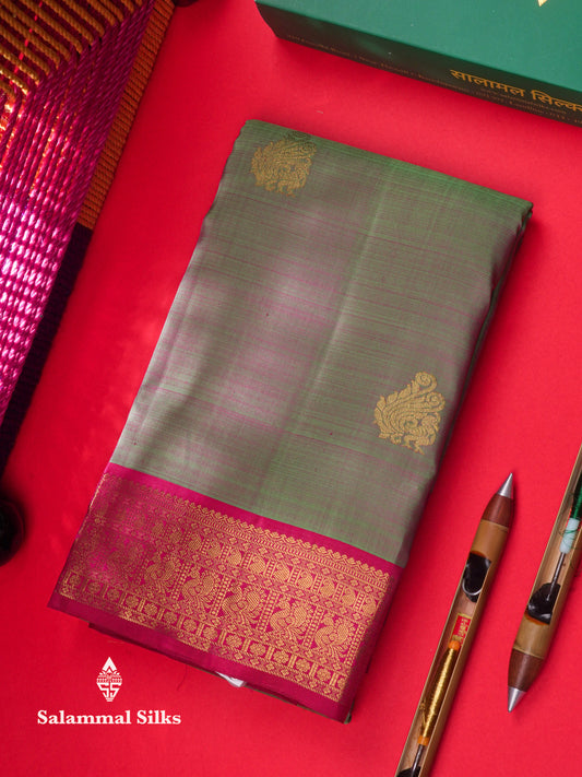 Kanjivaram Beautiful Olive Green Colour Pure  Silk Saree Traditional Magenta Border