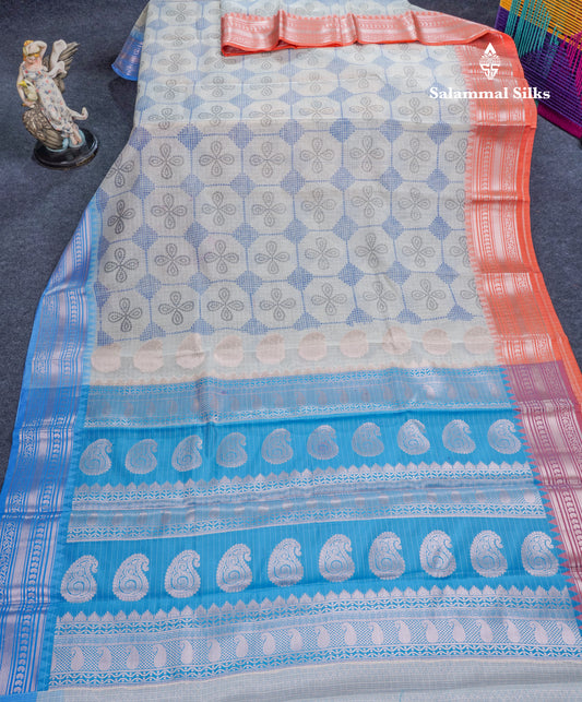 Half White Printed Cotton Mix Saree With Contrast Ganga Jamuna Traditional Border