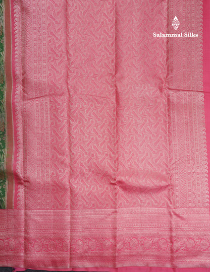 Beautiful Green Bridal Pure Kanjivaram Silk Saree With Contrast Light Pink Traditional Border