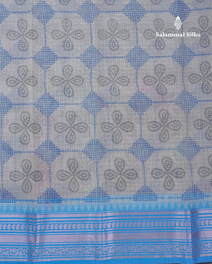 Half White Printed Cotton Mix Saree With Contrast Ganga Jamuna Traditional Border