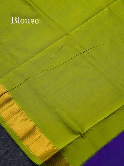 Beautiful Violet Plain Semi Silk Cotton Saree With Contrast Parrot Green Blouse