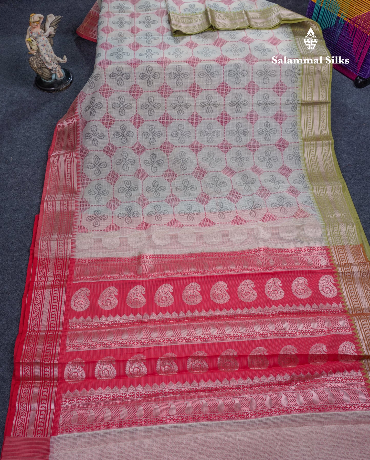 Half White Printed Cotton Mix Saree With Contrast Ganga Jamuna Traditional Border