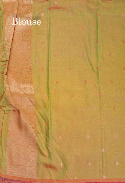 Semi Silk Saree - Parrot Green Colour Body With Contrast Teal Green Blouse