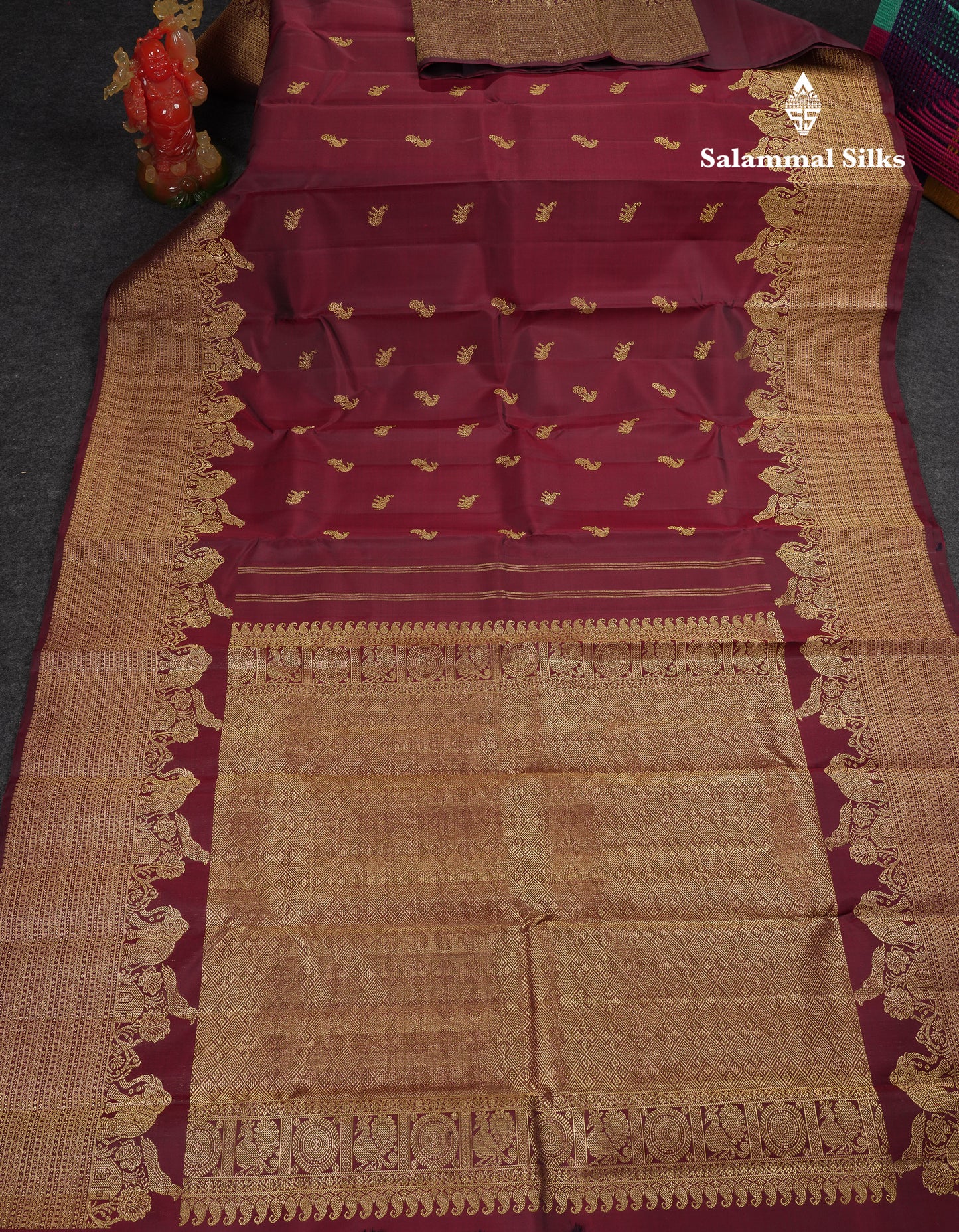 Beautiful Dual Tone Maroon Elephant & Peacock Butta Pure Kanjivaram Silk Saree With Traditional Border