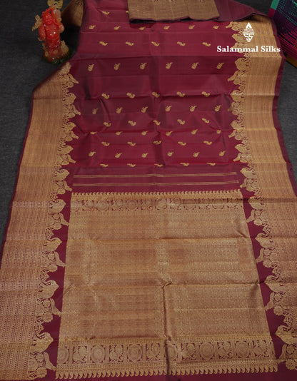 Beautiful Dual Tone Maroon Elephant & Peacock Butta Pure Kanjivaram Silk Saree With Traditional Border