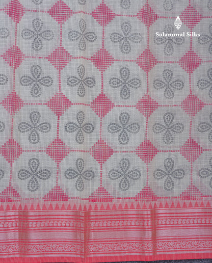 Half White Printed Cotton Mix Saree With Contrast Ganga Jamuna Traditional Border