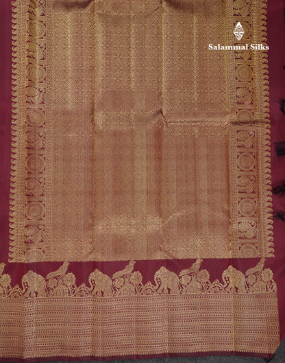 Beautiful Dual Tone Maroon Elephant & Peacock Butta Pure Kanjivaram Silk Saree With Traditional Border