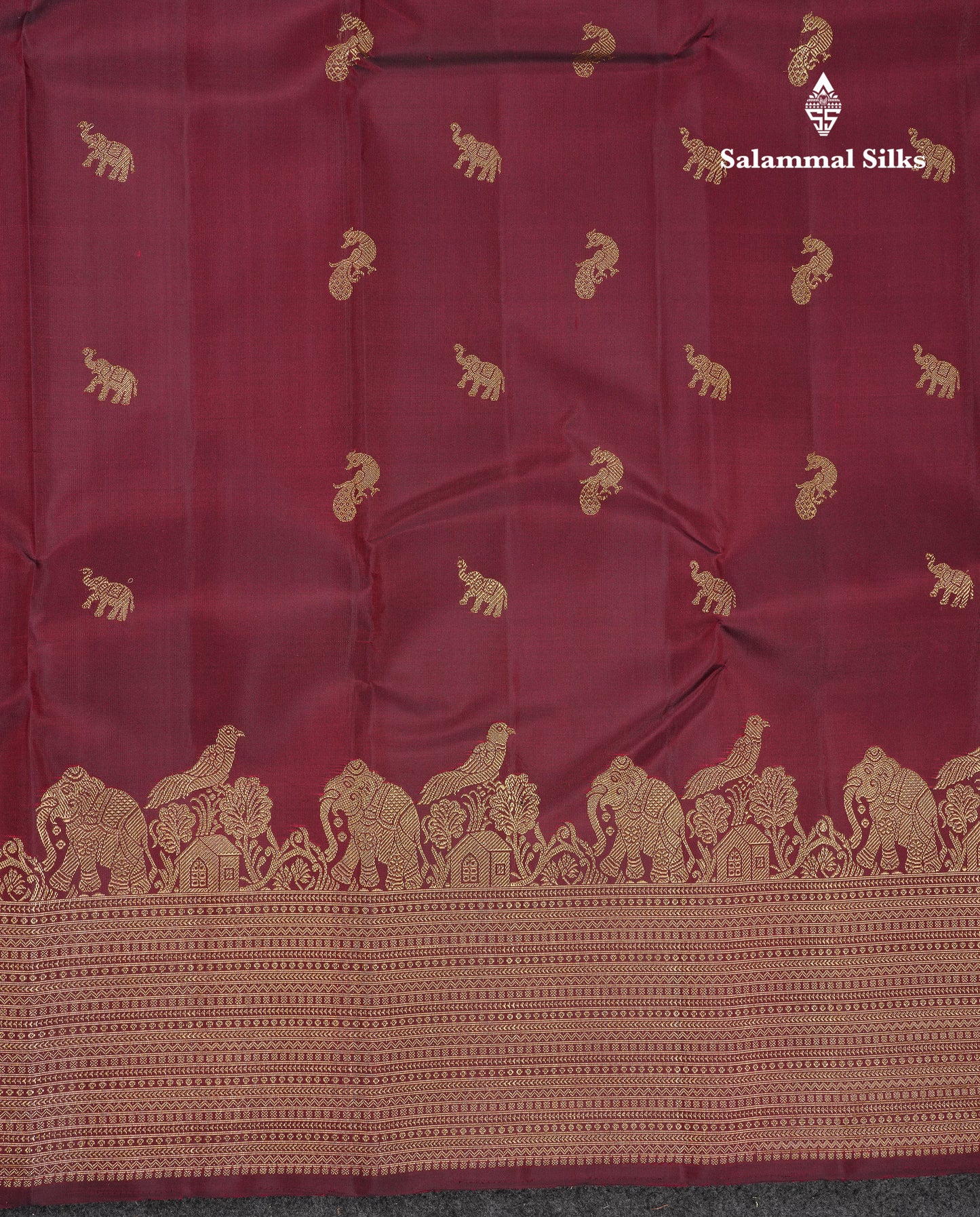 Beautiful Dual Tone Maroon Elephant & Peacock Butta Pure Kanjivaram Silk Saree With Traditional Border