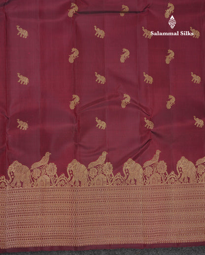 Beautiful Dual Tone Maroon Elephant & Peacock Butta Pure Kanjivaram Silk Saree With Traditional Border