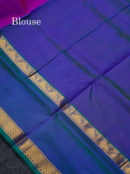 Beautiful Dual Tone Violet Pure Silk Cotton Saree With Contrast Peacock Blue Traditional Evening Morning Border