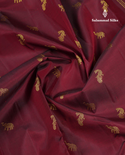 Beautiful Dual Tone Maroon Elephant & Peacock Butta Pure Kanjivaram Silk Saree With Traditional Border