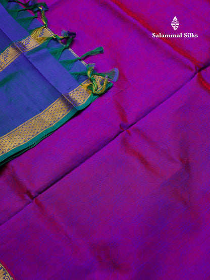 Beautiful Dual Tone Violet Pure Silk Cotton Saree With Contrast Peacock Blue Traditional Evening Morning Border