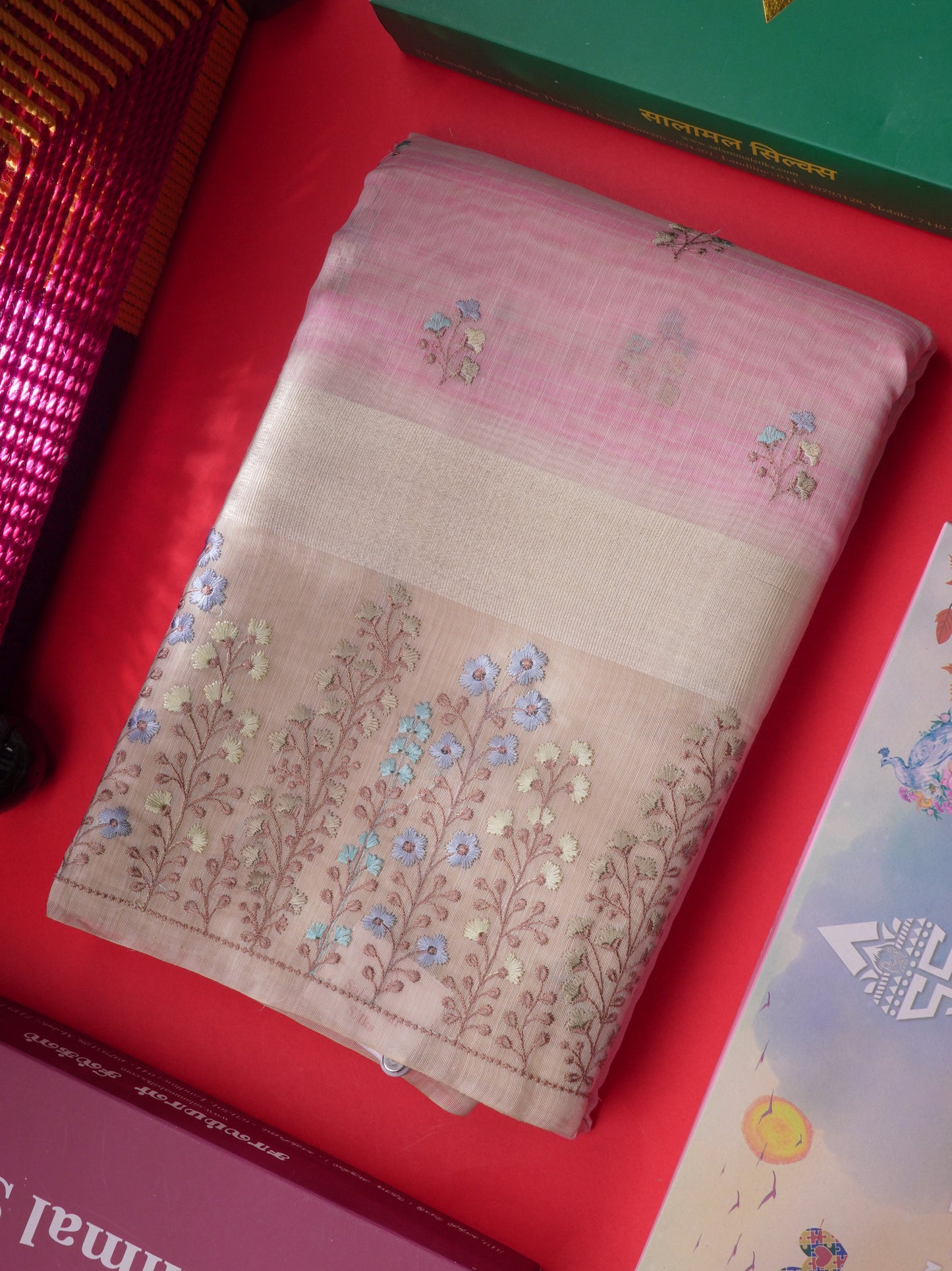Beautiful Light Pink Linen Mix Saree With Contrast Sandal Embroidery Border