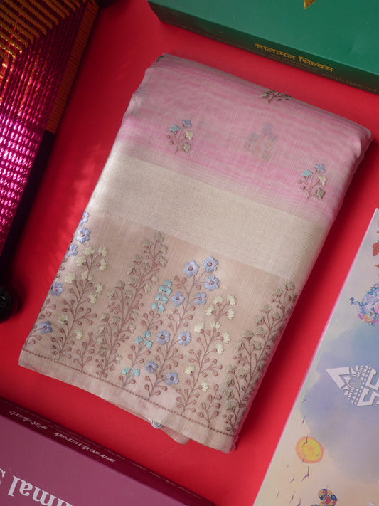 Beautiful Light Pink Linen Mix Saree With Contrast Sandal Embroidery Border