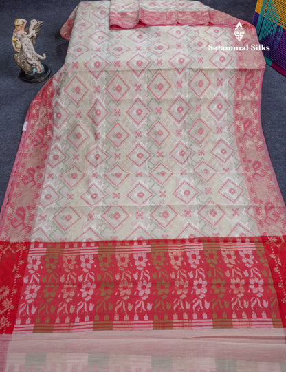 Half White Thread Work Cotton Mix Saree With Contrast Tomato Red Border
