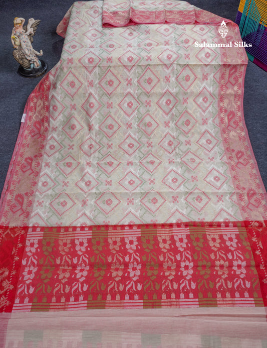 Half White Thread Work Cotton Mix Saree With Contrast Tomato Red Border