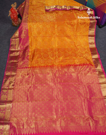 Beautiful Mustard Yellow Puremix Silk Saree With Contrast Pink Traditional Evening Morning Border