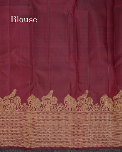 Beautiful Dual Tone Maroon Elephant & Peacock Butta Pure Kanjivaram Silk Saree With Traditional Border