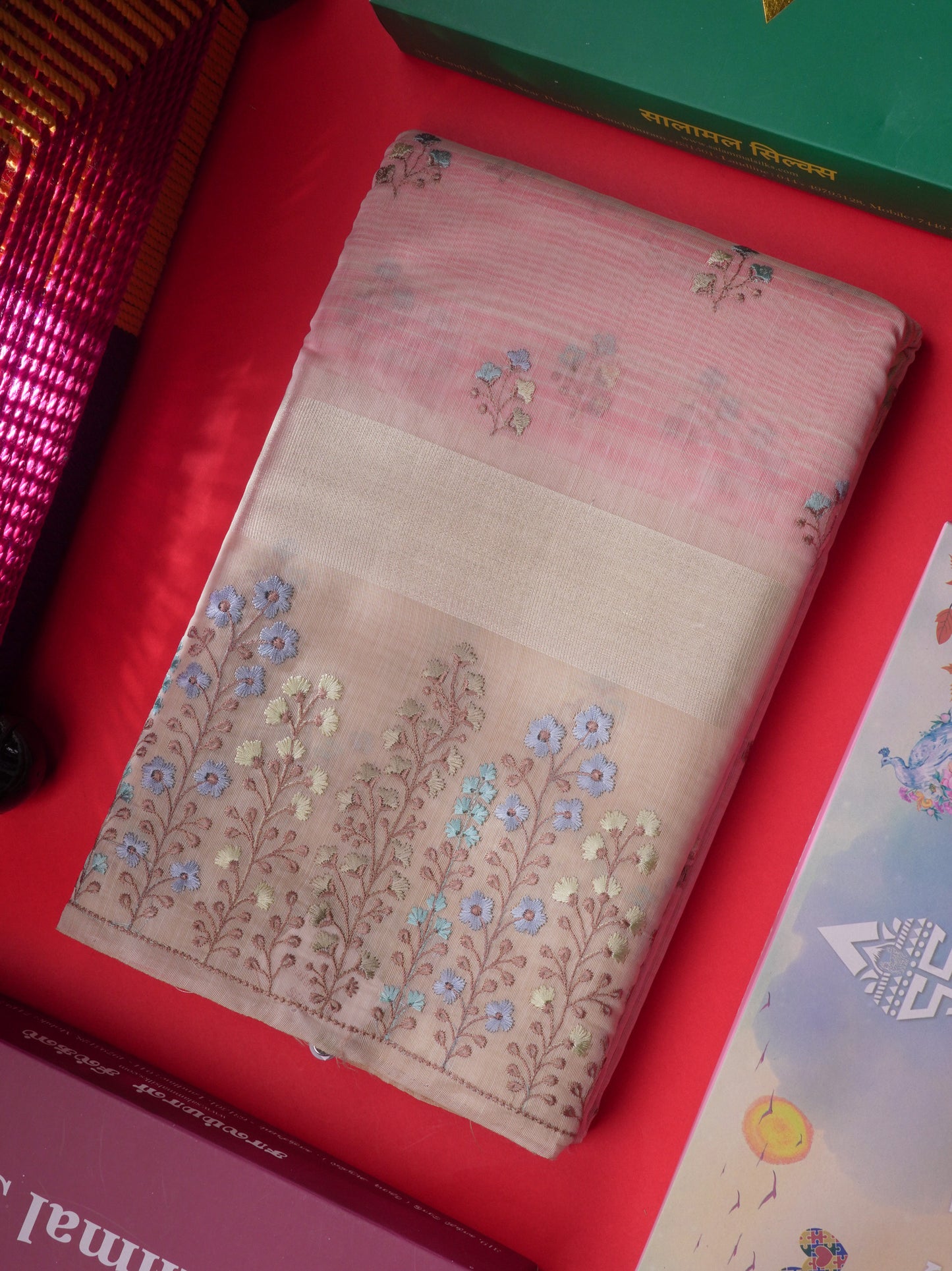 Beautiful Light Pink Linen Mix Saree With Contrast Sandal Embroidery Border