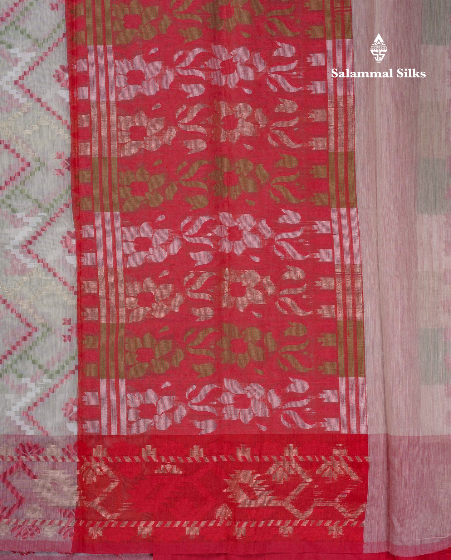 Half White Thread Work Cotton Mix Saree With Contrast Tomato Red Border