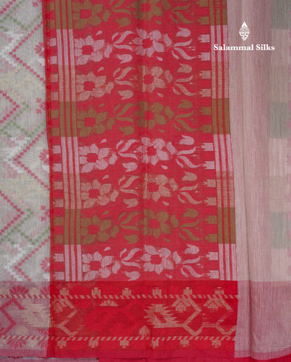 Half White Thread Work Cotton Mix Saree With Contrast Tomato Red Border