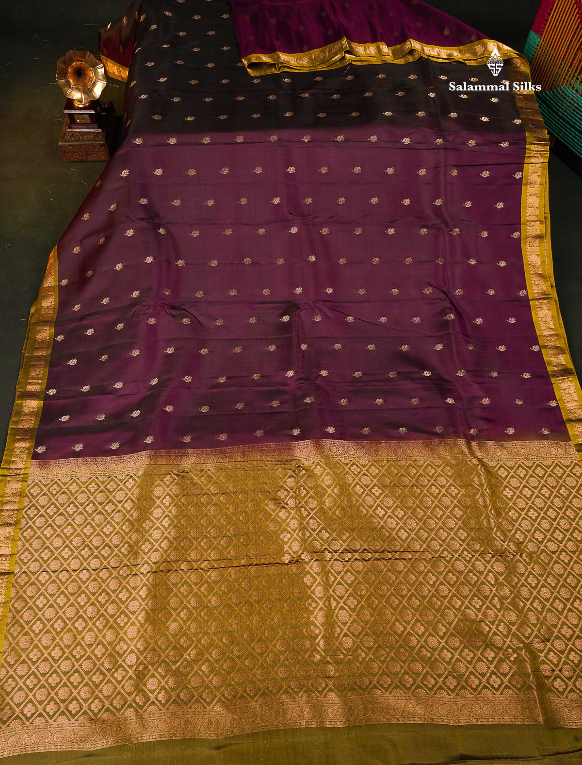 Pure Mix Silk Saree - Dark Purple Colour Body With Contrast Mehandi Green Small Border