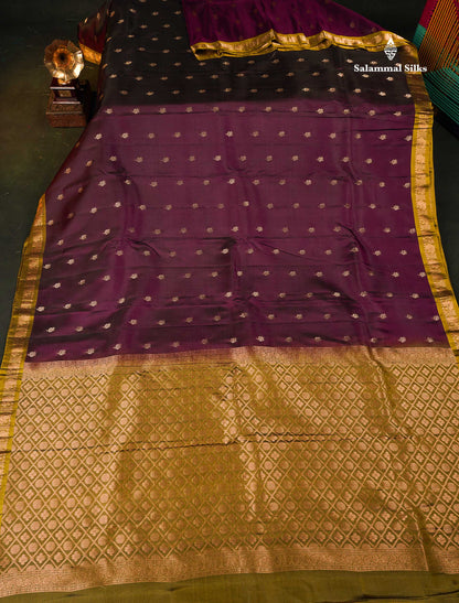 Pure Mix Silk Saree - Dark Purple Colour Body With Contrast Mehandi Green Small Border