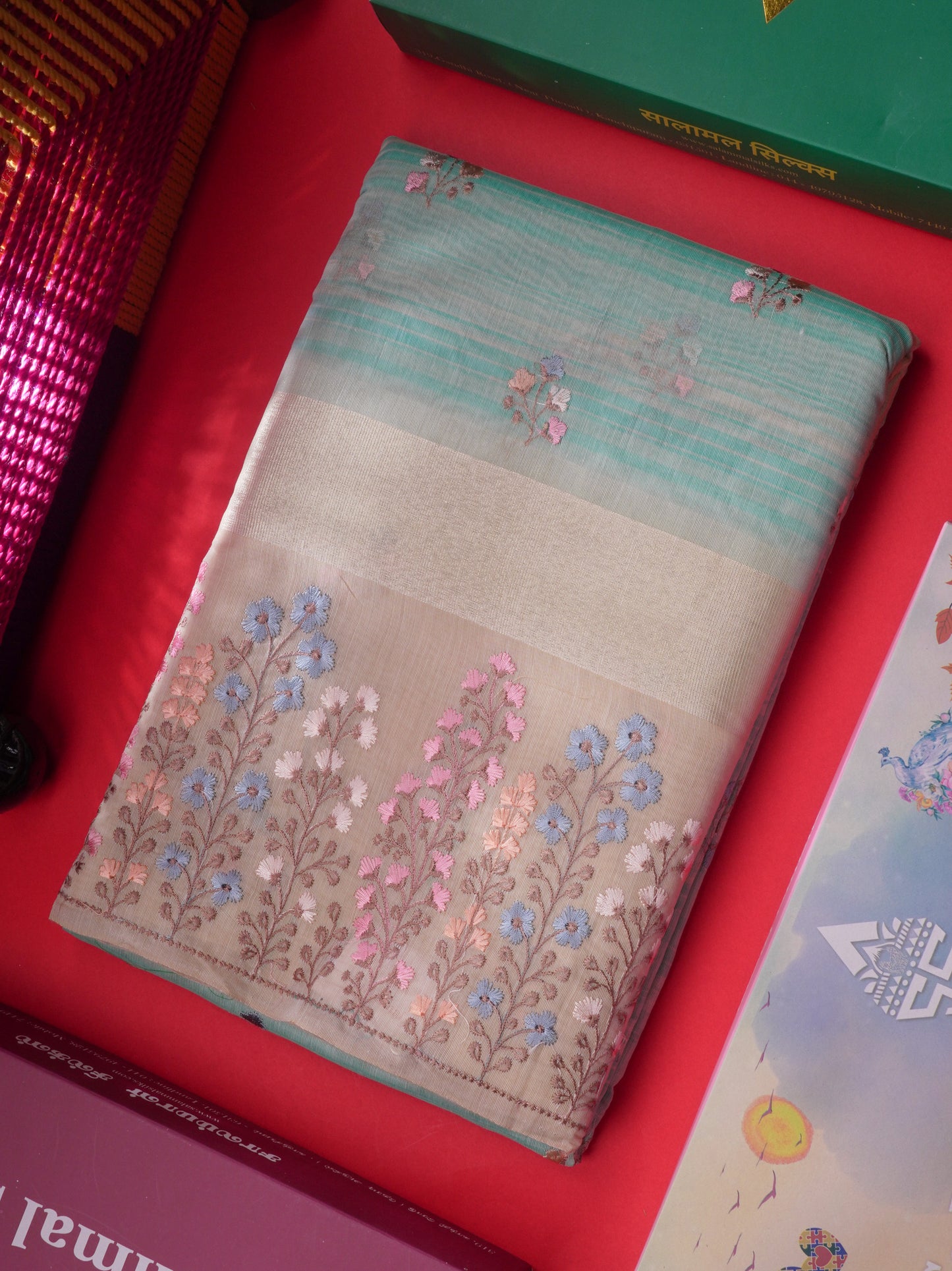 Beautiful Light Pink Linen Mix Saree With Contrast Sandal Embroidery Border