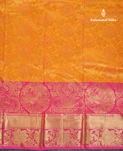 Beautiful Mustard Yellow Puremix Silk Saree With Contrast Pink Traditional Evening Morning Border