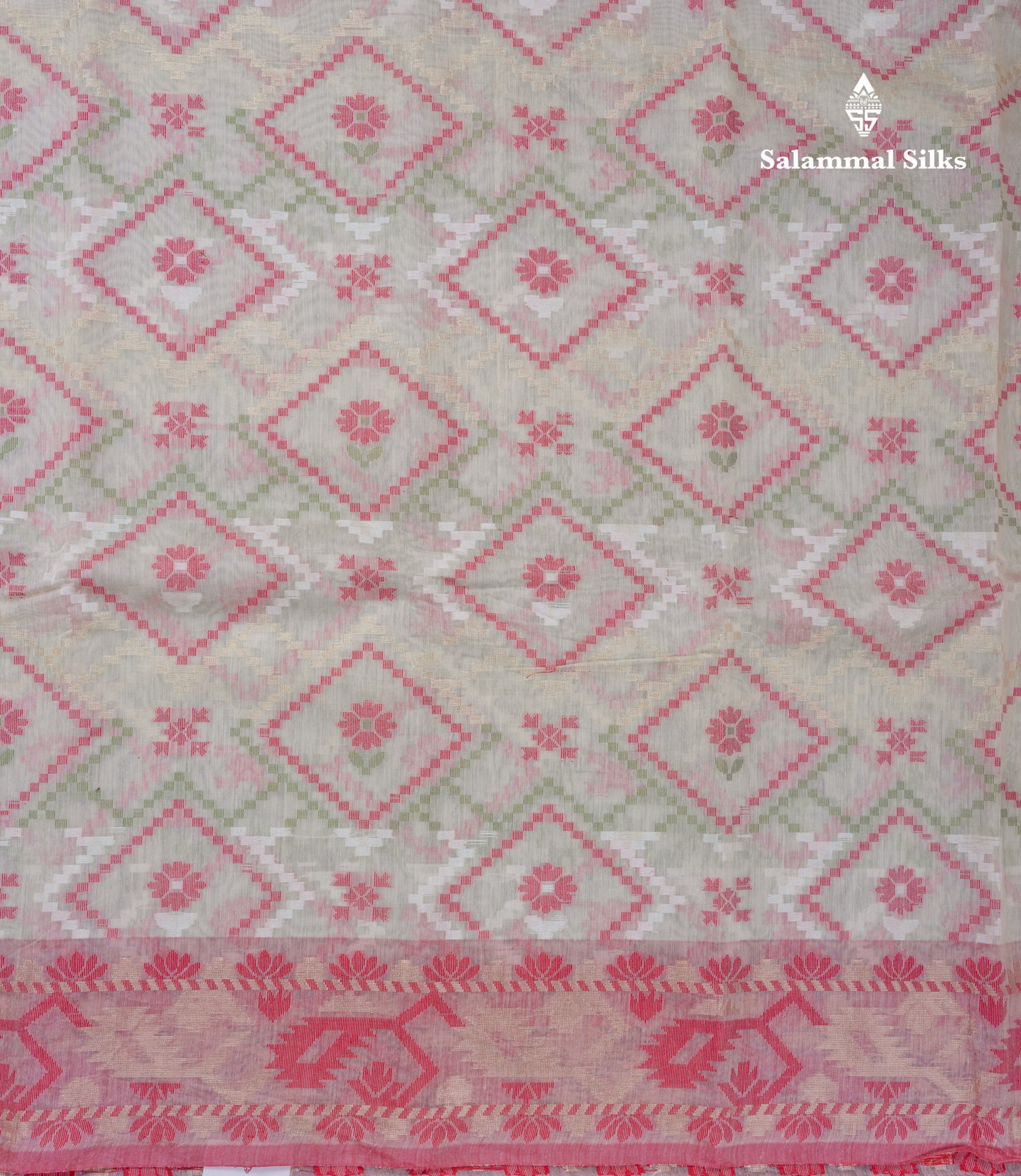 Half White Thread Work Cotton Mix Saree With Contrast Tomato Red Border