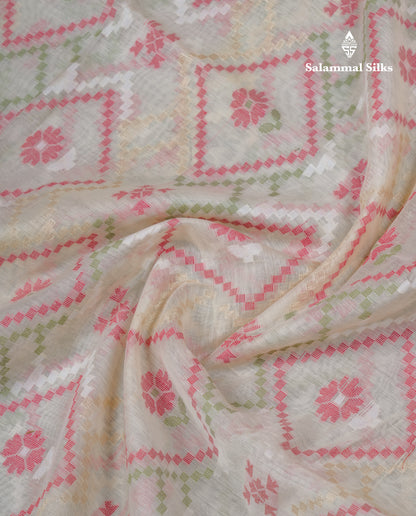 Half White Thread Work Cotton Mix Saree With Contrast Tomato Red Border