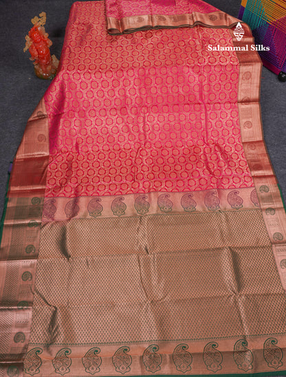 Beautiful Dual Tone Pink Pure Kanjivaram Silk Saree With Contrast Bottle Green Blouse