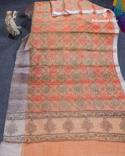 Light Green Tissue Kota Cotton Printed Saree With Gold Tissue Border