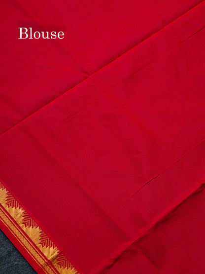 Beautiful Dual Tone Royal Blue Plain Semi Silk Cotton Saree With Contrast Chilly Red Blouse