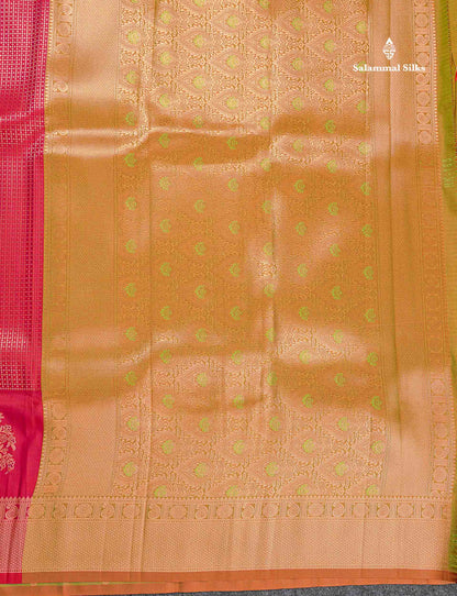 Semi Silk Saree - Parrot Green Colour Body With Contrast Teal Green Blouse