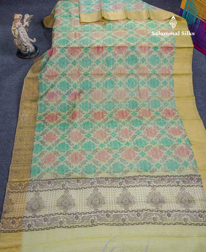 Light Green Tissue Kota Cotton Printed Saree With Gold Tissue Border