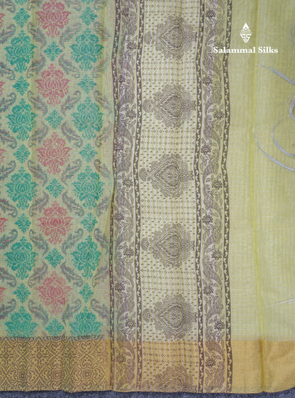 Light Green Tissue Kota Cotton Printed Saree With Gold Tissue Border