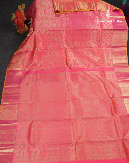 Beautiful Dual Tone Pinkish Orange Bridal Pure Kanjivaram Silk Saree With Traditional Border