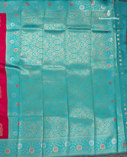 Semi Silk Saree - Maroon Colour Body With Contrast Teal Green Fancy Border